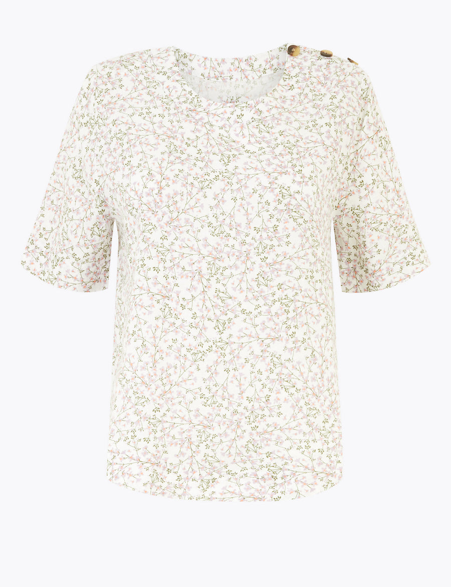 Pure Linen Floral Print Woven Blouse