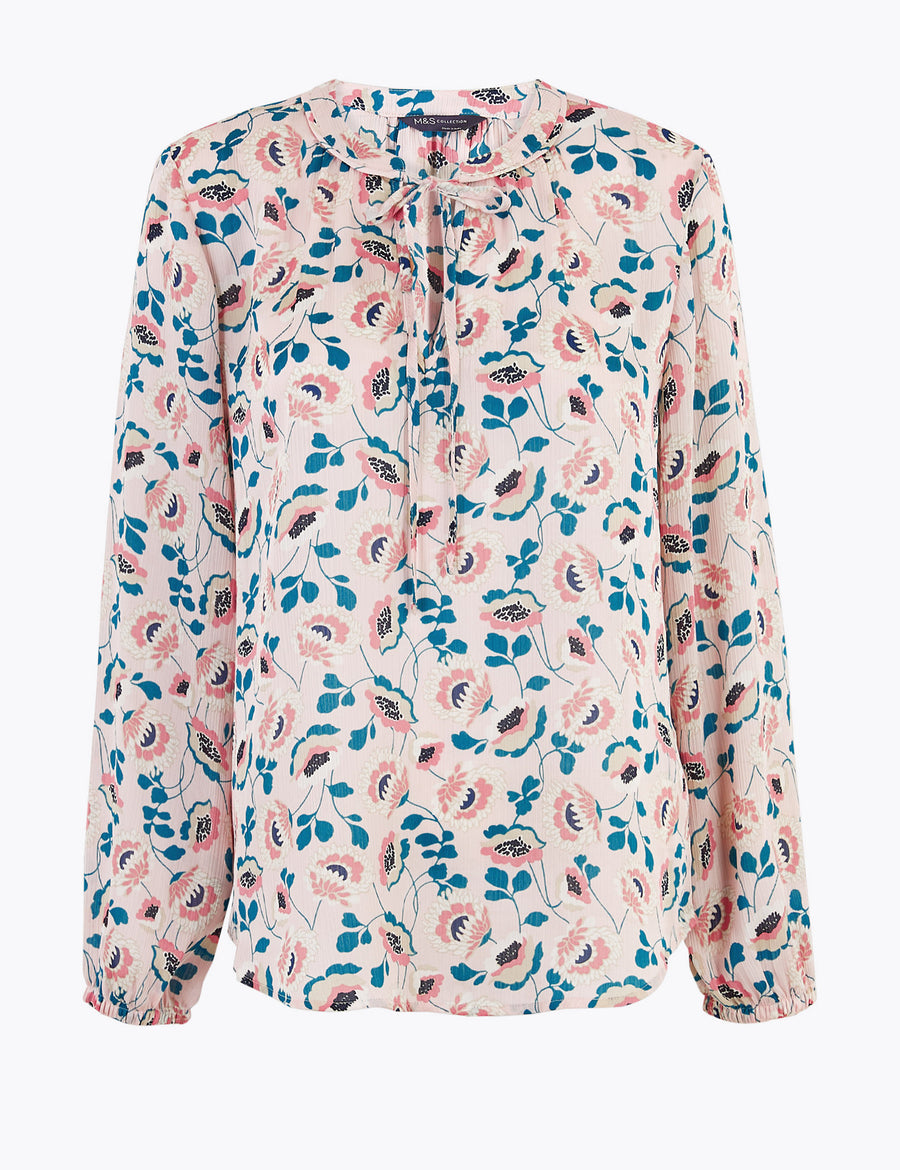 Floral Tie Neck Long Sleeve Blouse