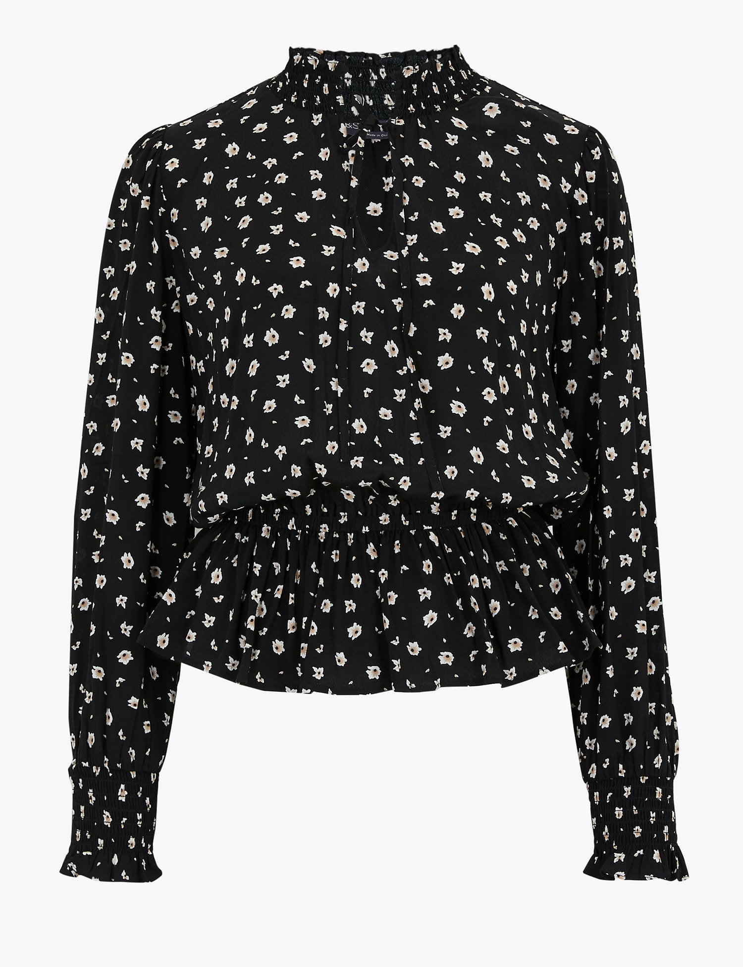 Floral High Neck Long Sleeve Peplum Blouse