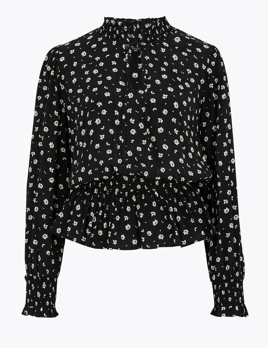 Floral High Neck Long Sleeve Peplum Blouse
