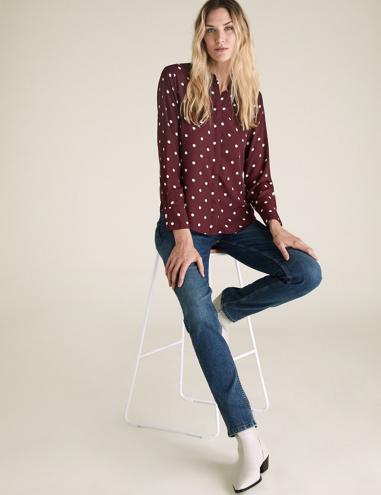 Crepe Polka Dot Long Sleeve Shirt