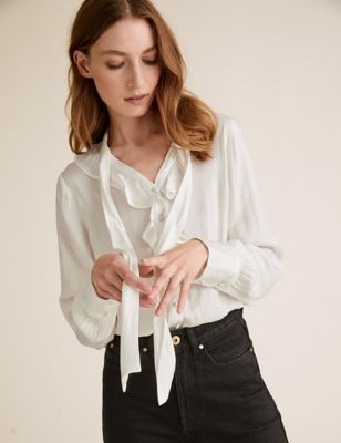 Satin Tie Neck Ruffle Long Sleeve Blouse