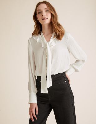 Satin Tie Neck Ruffle Long Sleeve Blouse