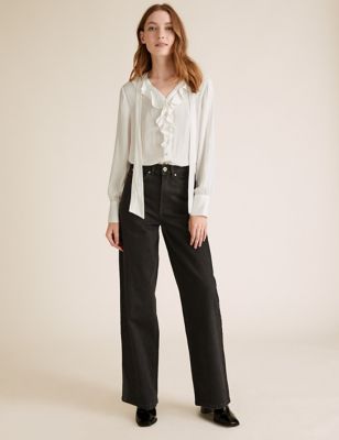 Satin Tie Neck Ruffle Long Sleeve Blouse