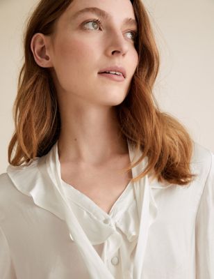Satin Tie Neck Ruffle Long Sleeve Blouse