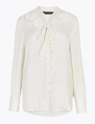 Satin Tie Neck Ruffle Long Sleeve Blouse