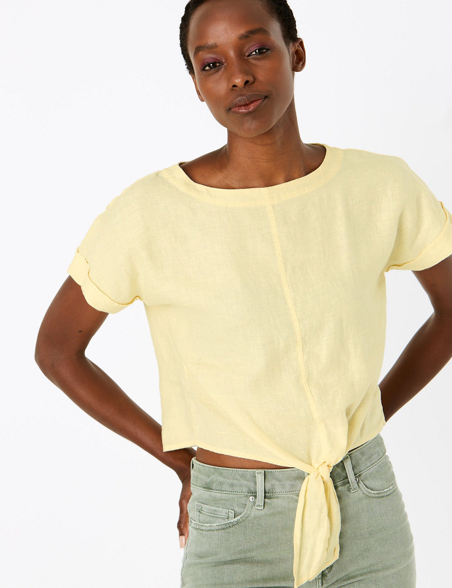 Pure Linen Tie Front Short Sleeve Blouse