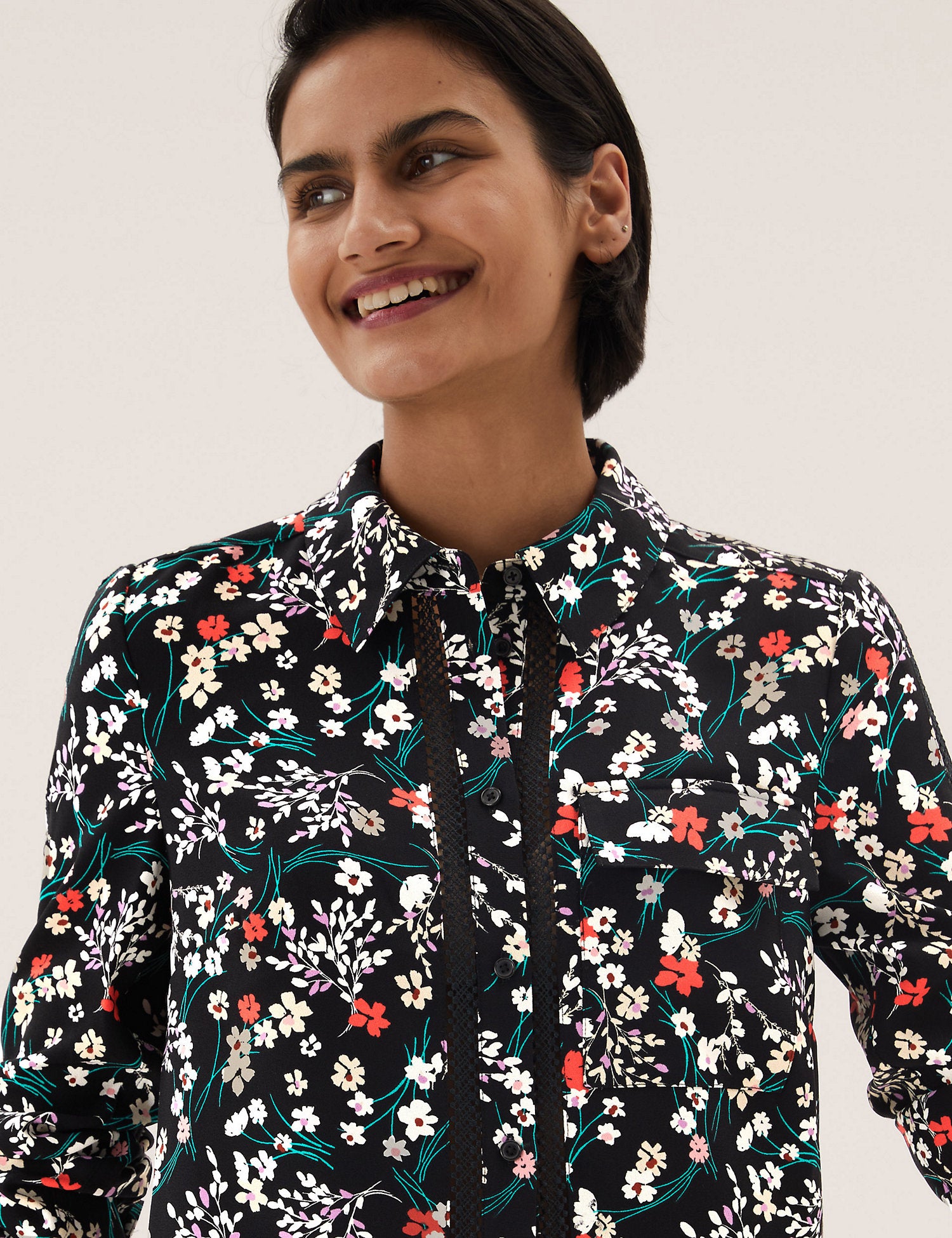 Printed Collared Lace Insert Shirt