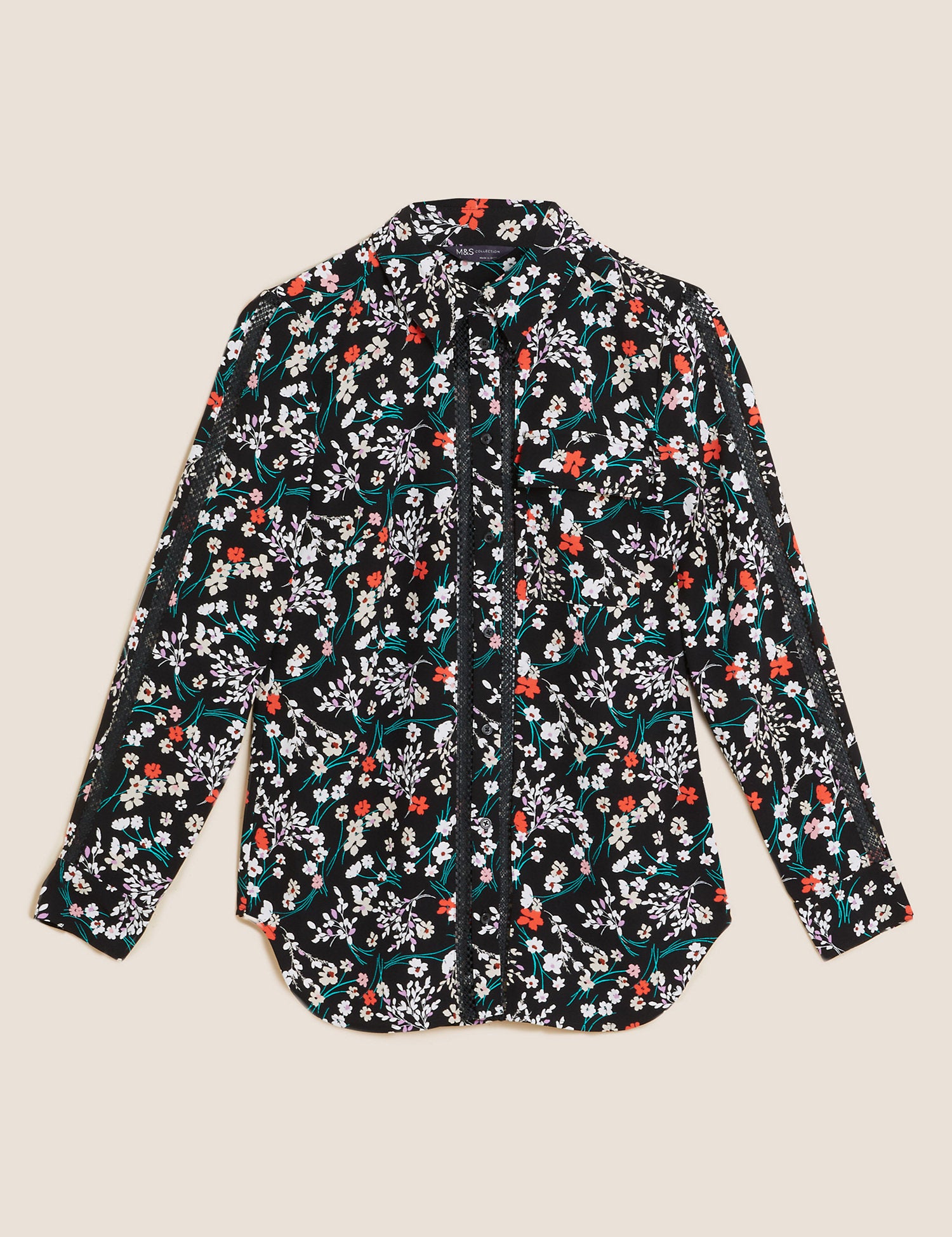 Printed Collared Lace Insert Shirt