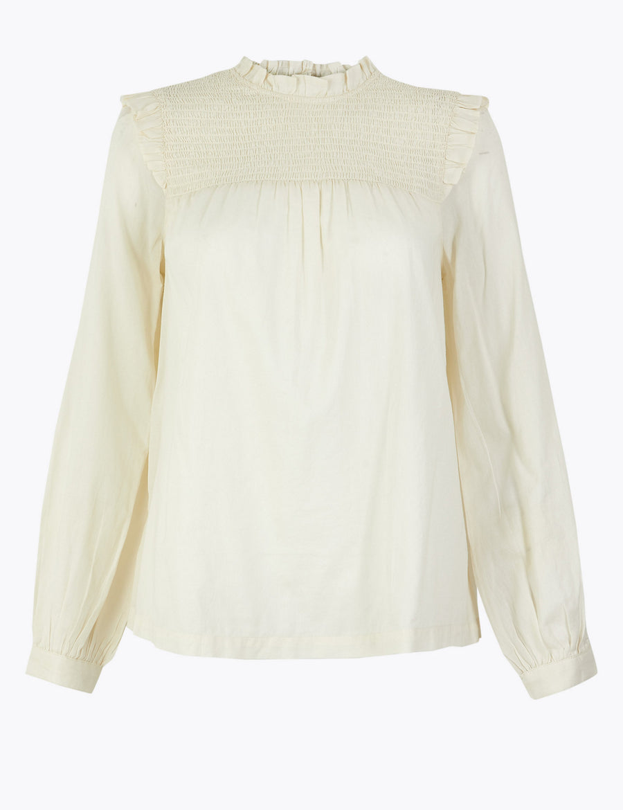 Pure Cotton High Neck Long Sleeve Blouse