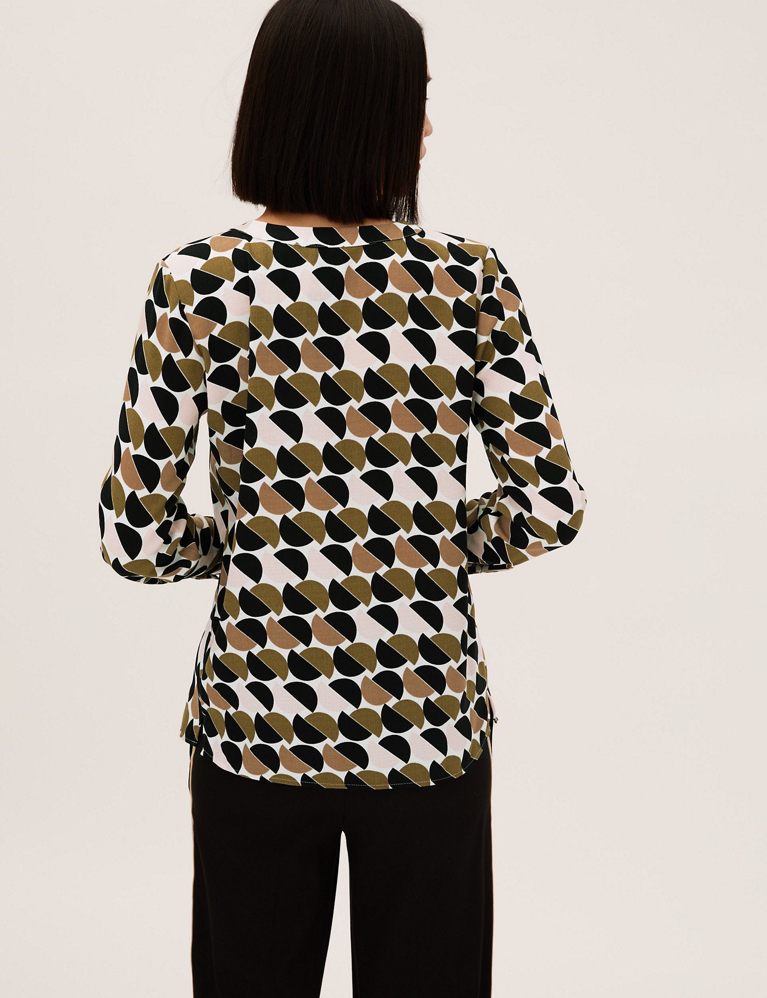 Geometric V-Neck Long Sleeve Popover Blouse