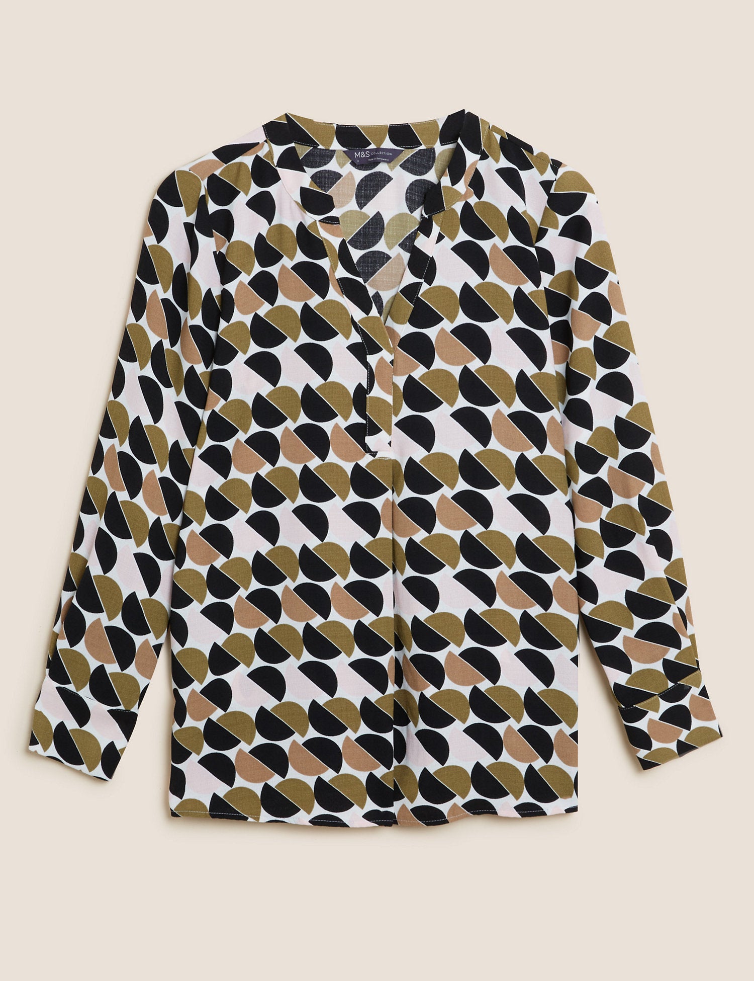 Geometric V-Neck Long Sleeve Popover Blouse