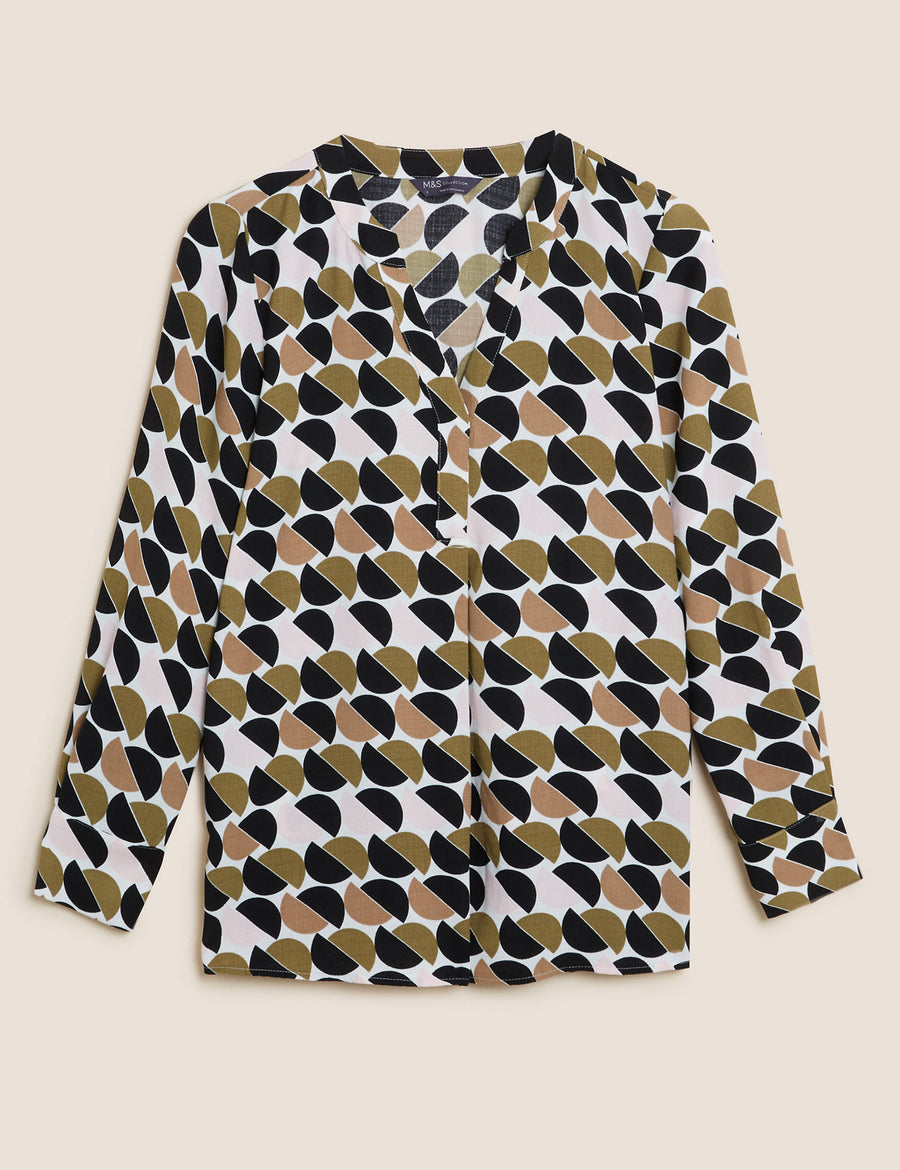 Geometric V-Neck Long Sleeve Popover Blouse