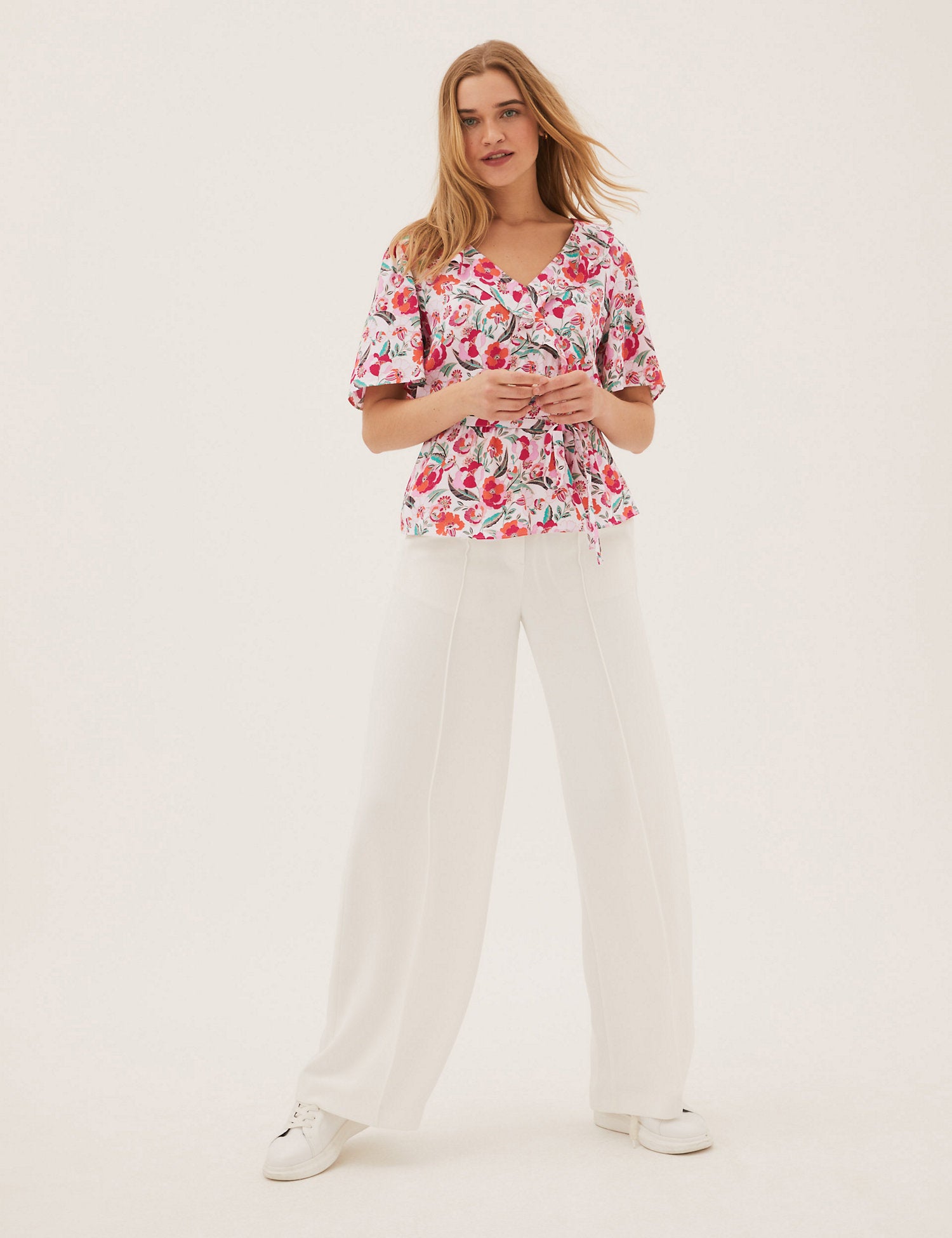 Printed Frill Neck Angel Sleeve Wrap Top