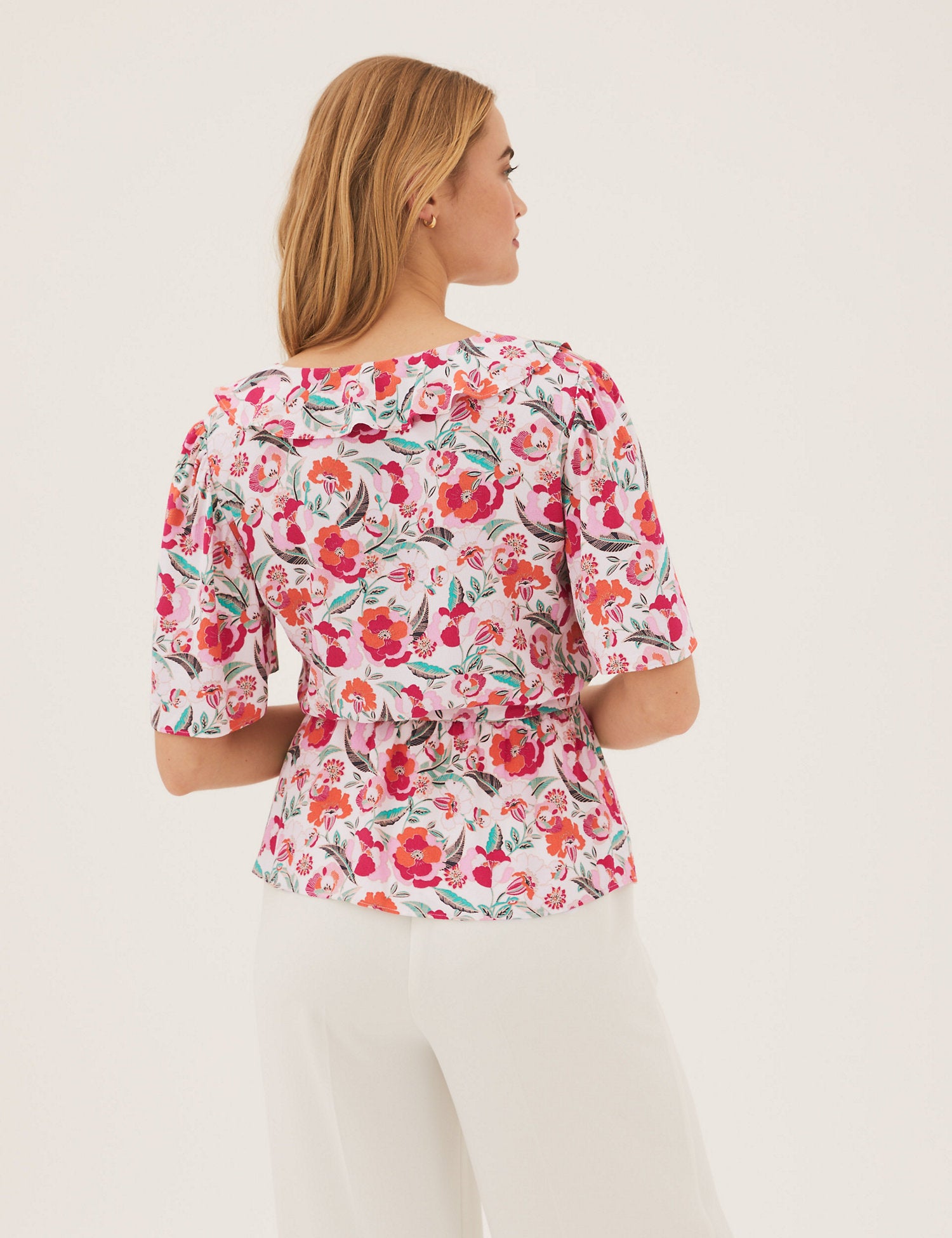 Printed Frill Neck Angel Sleeve Wrap Top