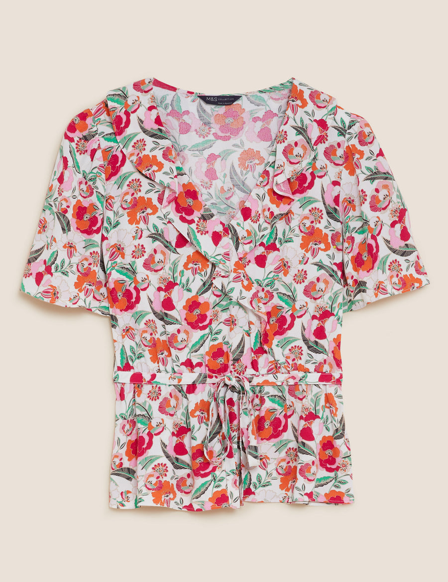 Printed Frill Neck Angel Sleeve Wrap Top