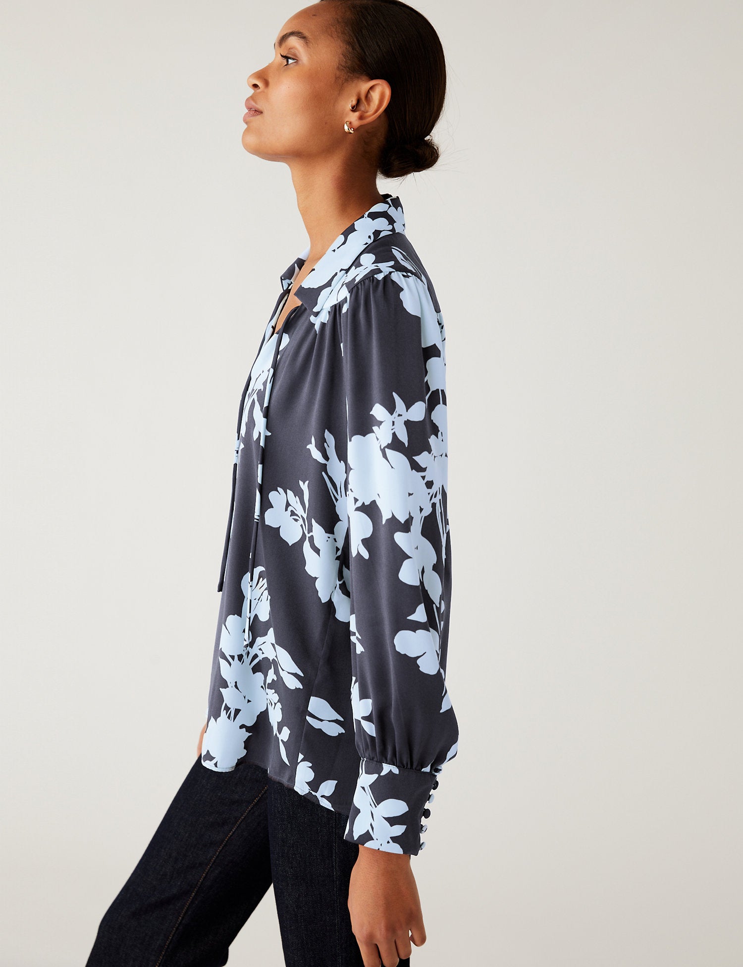 Satin Floral Collared Popover Blouse