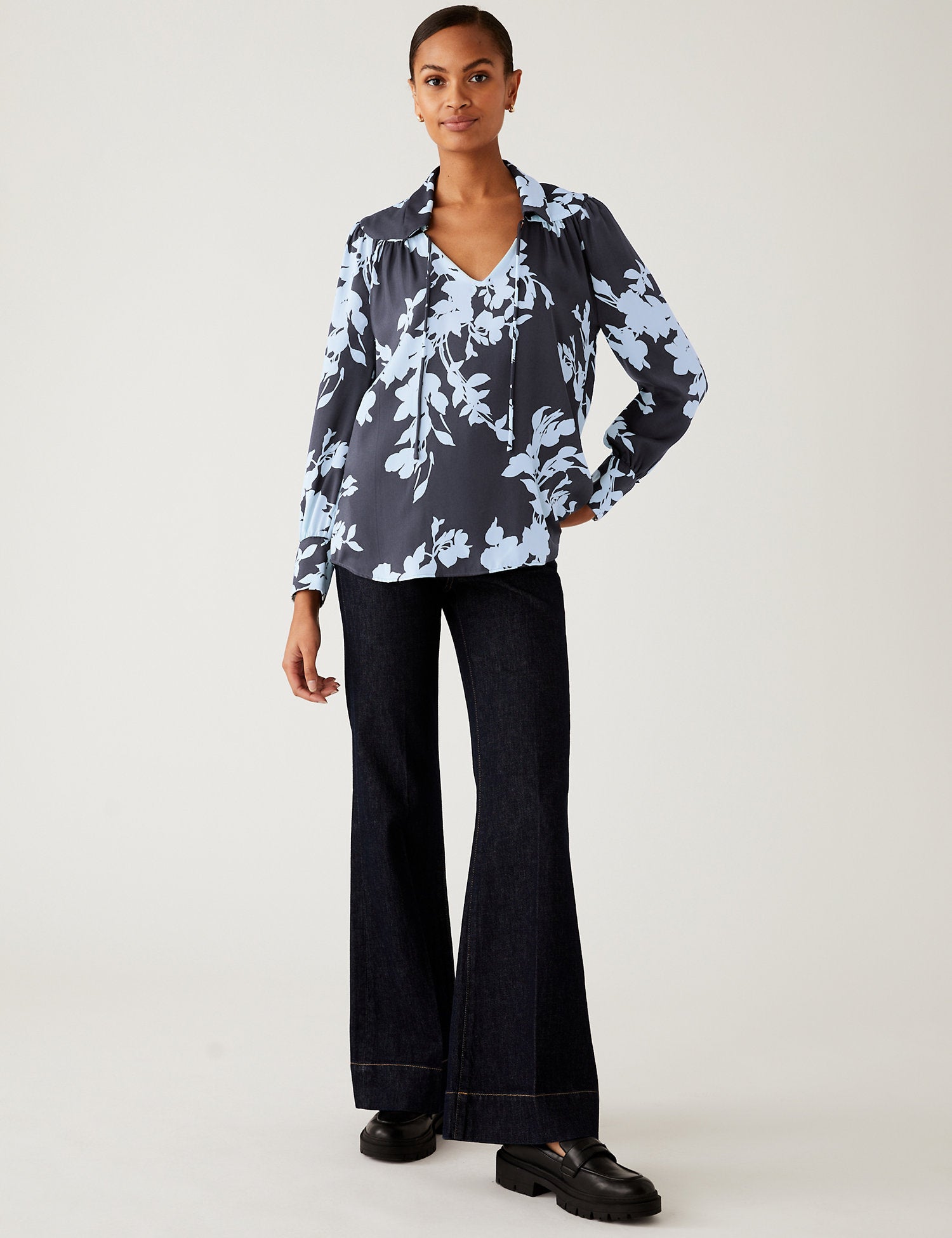 Satin Floral Collared Popover Blouse