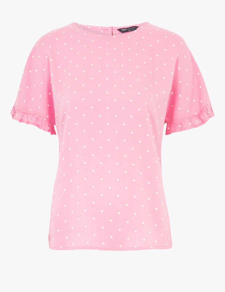 Woven Polka Dot Short Sleeve Blouse
