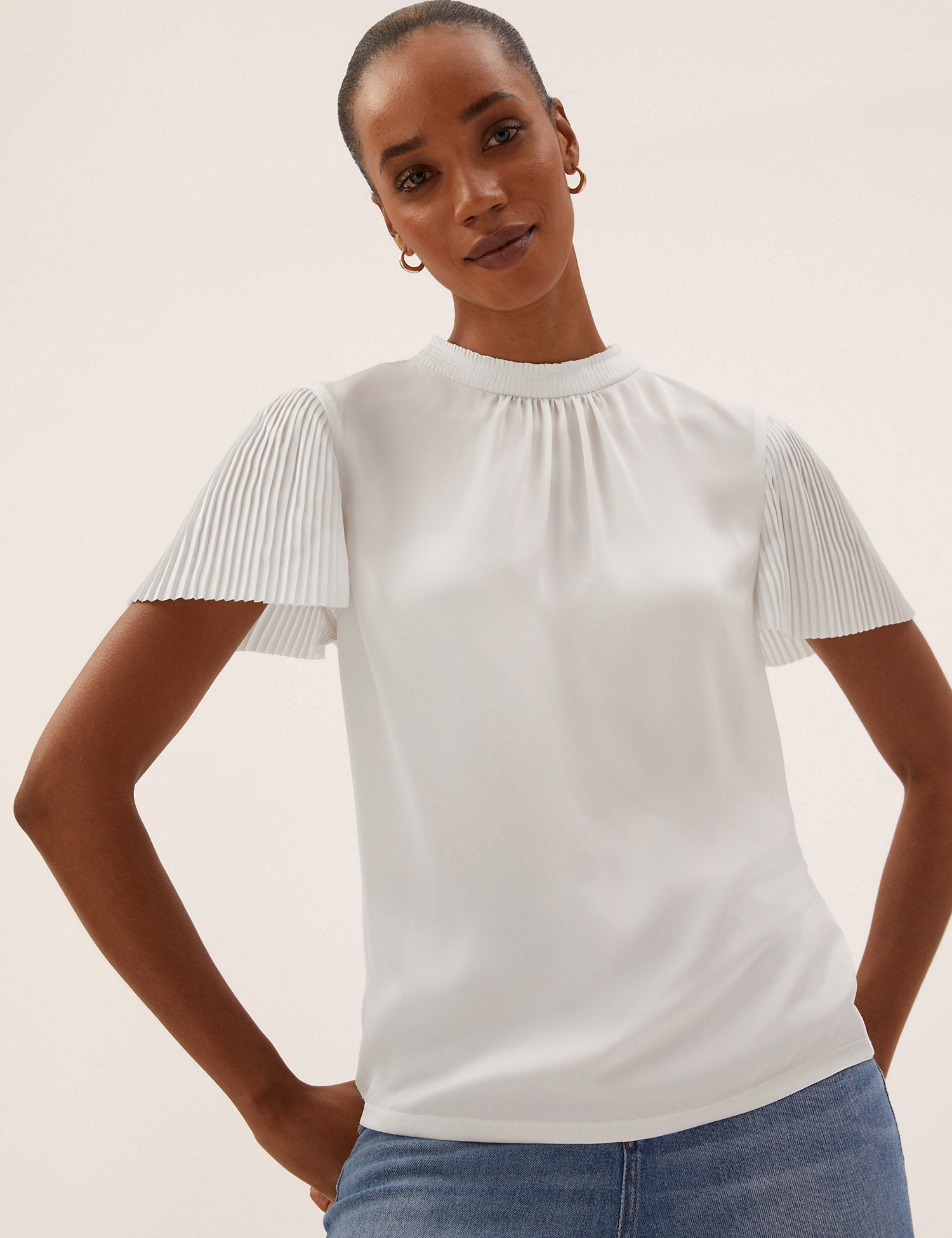 Jersey Plisse High Neck Regular Fit Top