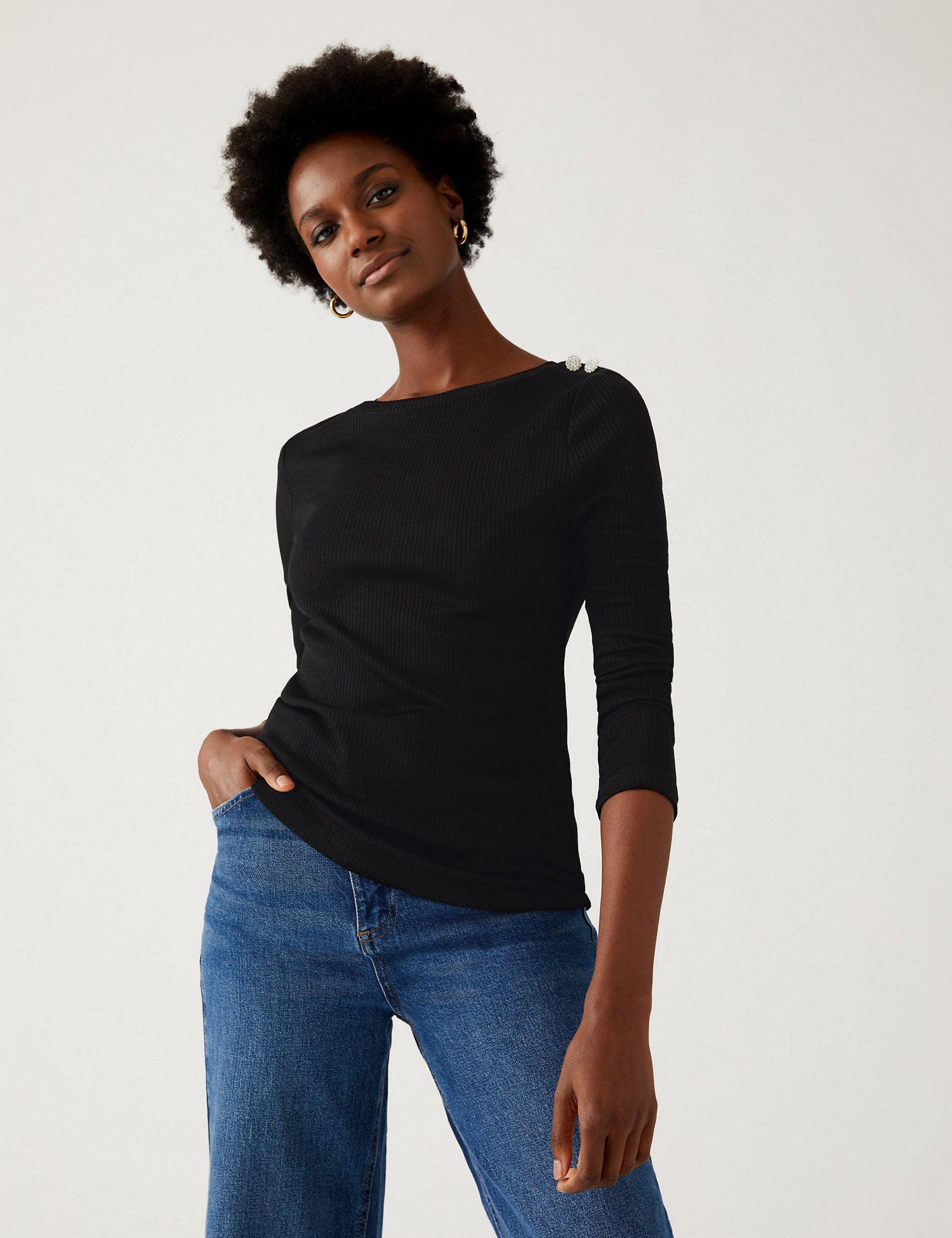 Ribbed Slash Neck Fitted Top