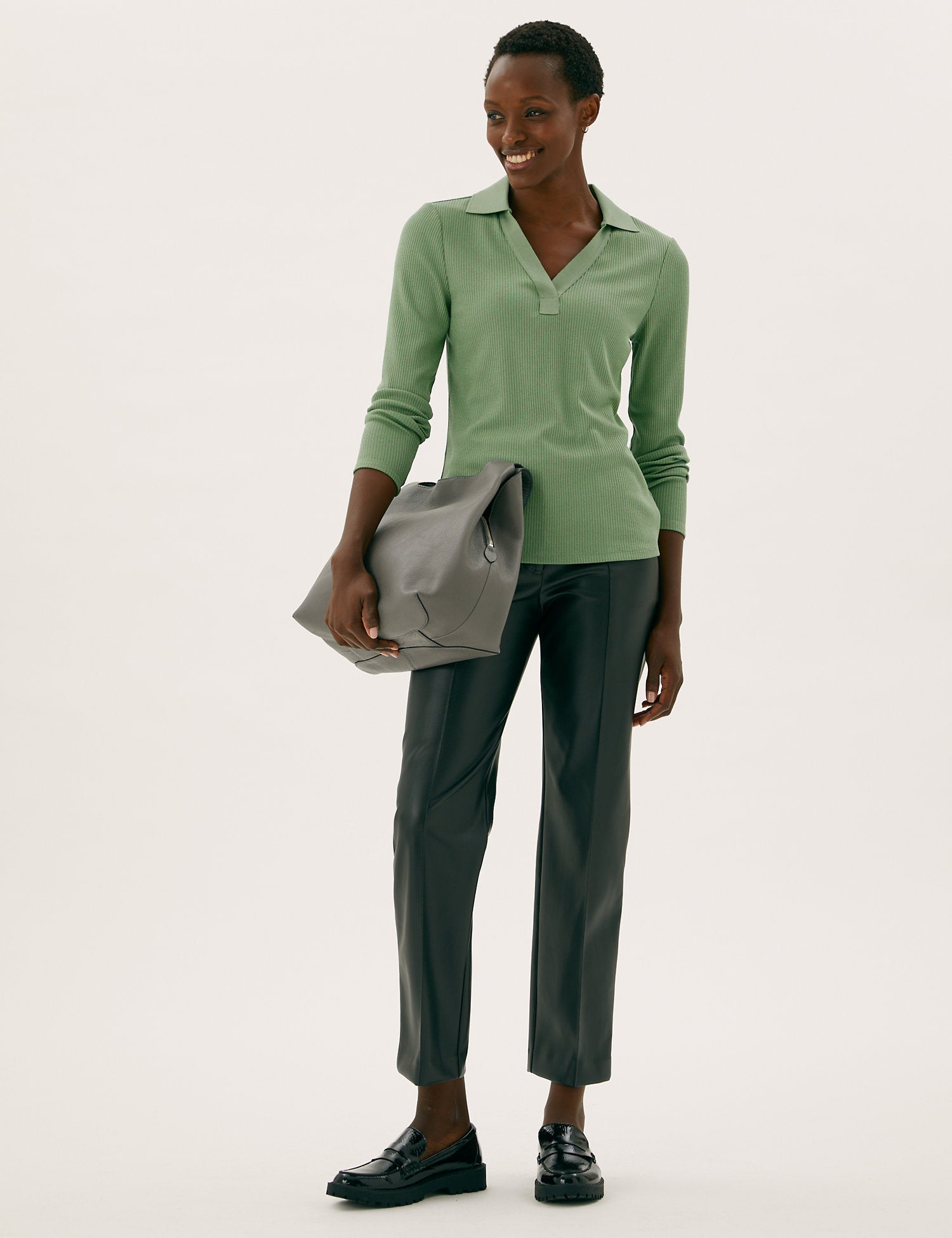 Ribbed Collared Long Sleeve Top