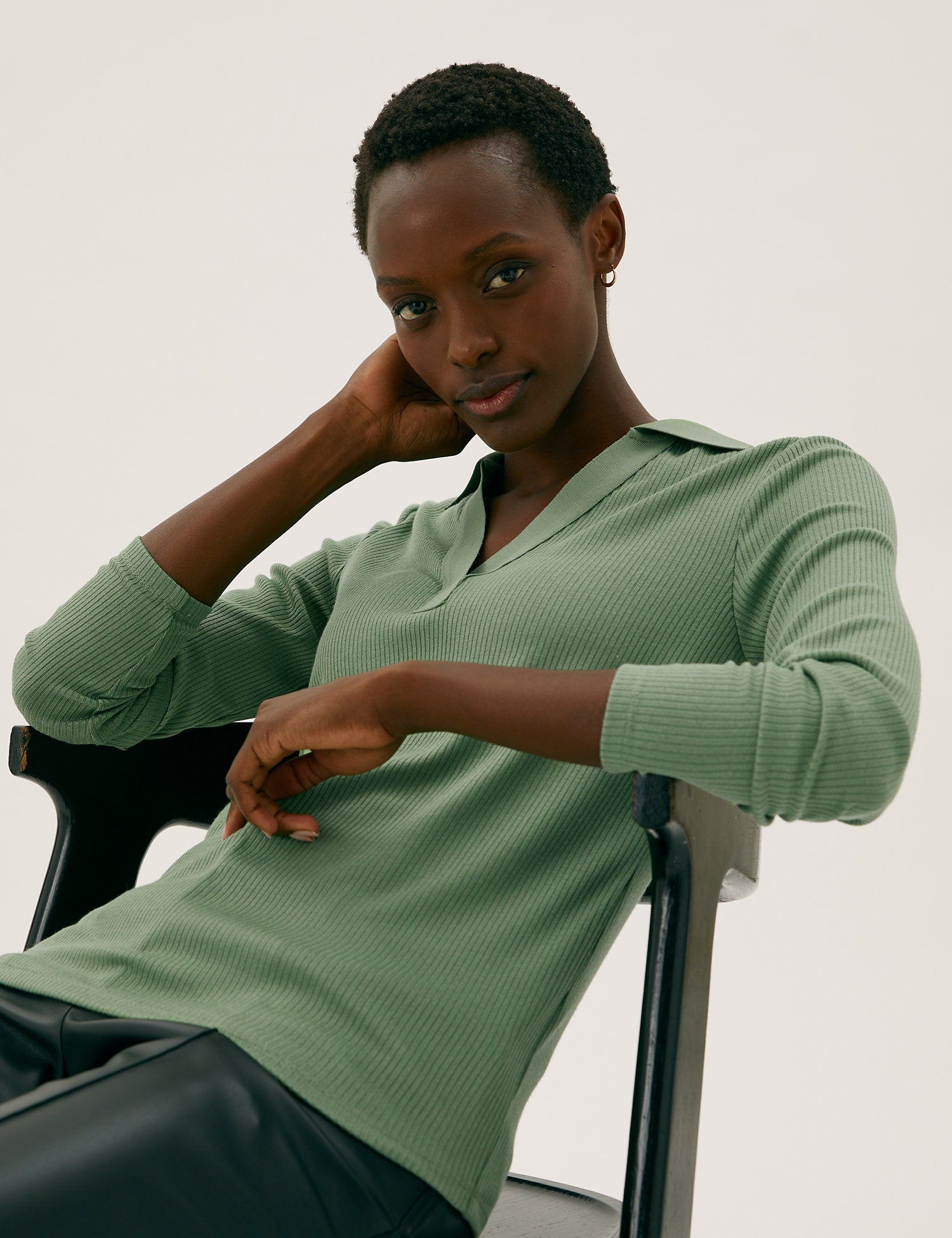 Ribbed Collared Long Sleeve Top