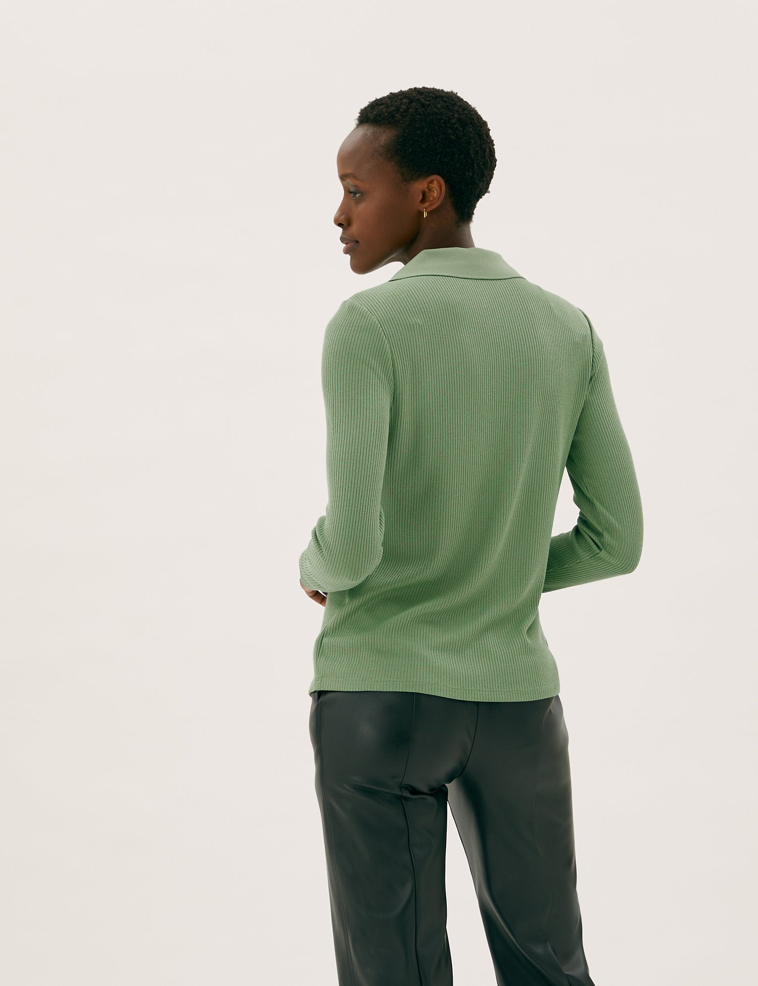 Ribbed Collared Long Sleeve Top