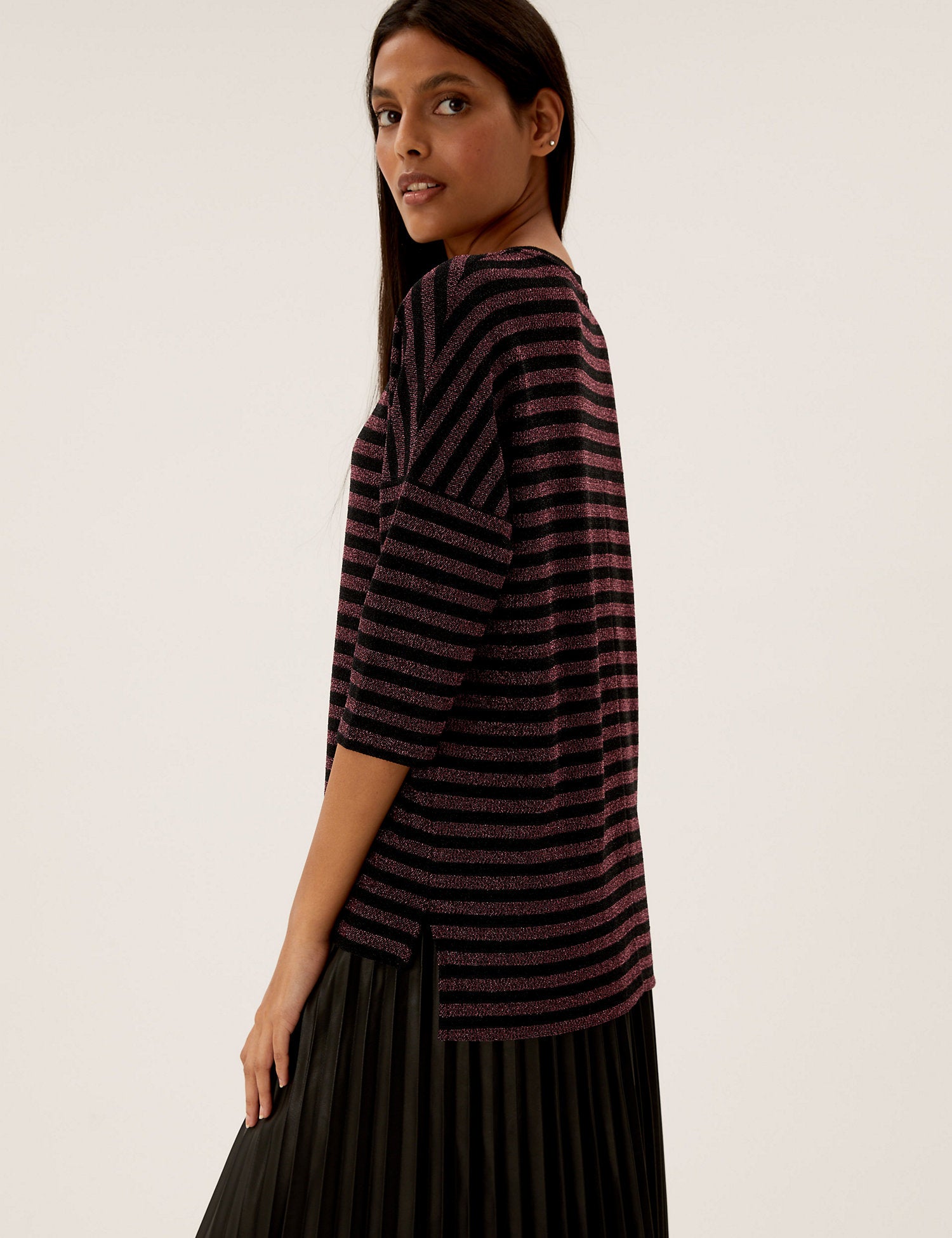 Sparkly Striped Regular Fit 3/4 Sleeve Top