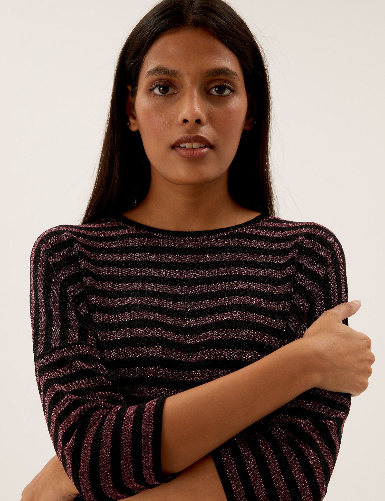 Sparkly Striped Regular Fit 3/4 Sleeve Top