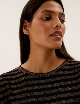 Sparkly Striped Regular Fit 3/4 Sleeve Top