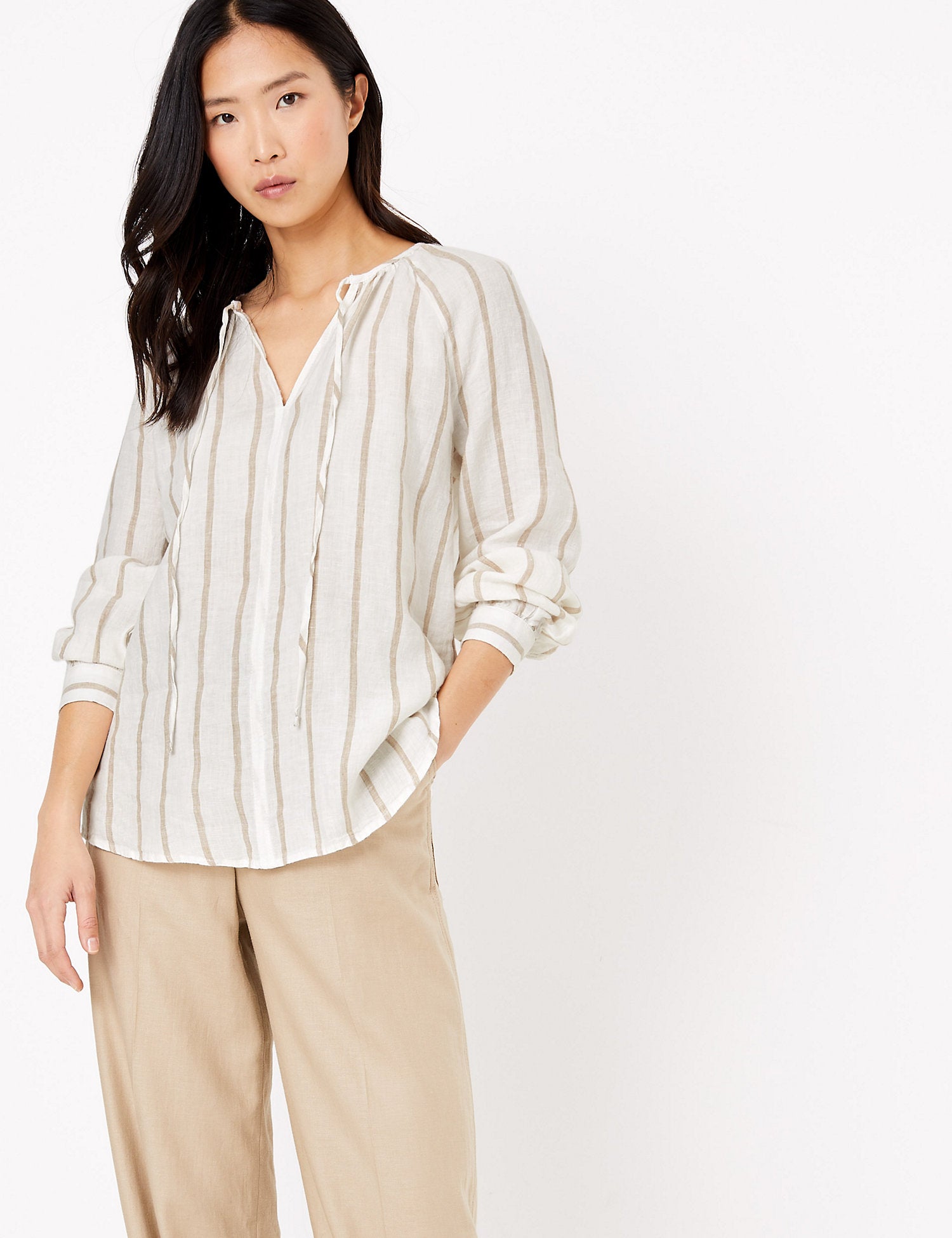 Pure Linen Striped Long Sleeve Blouse