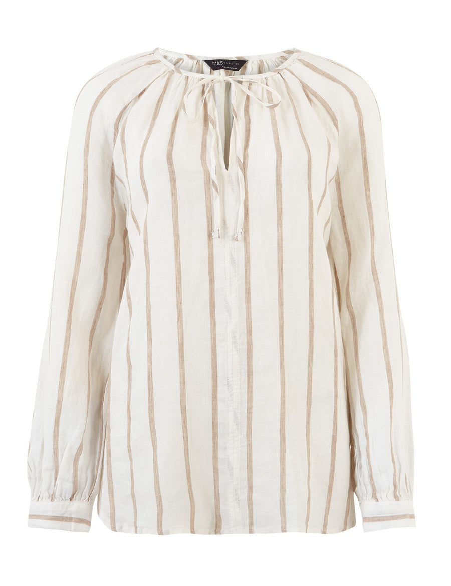 Pure Linen Striped Long Sleeve Blouse