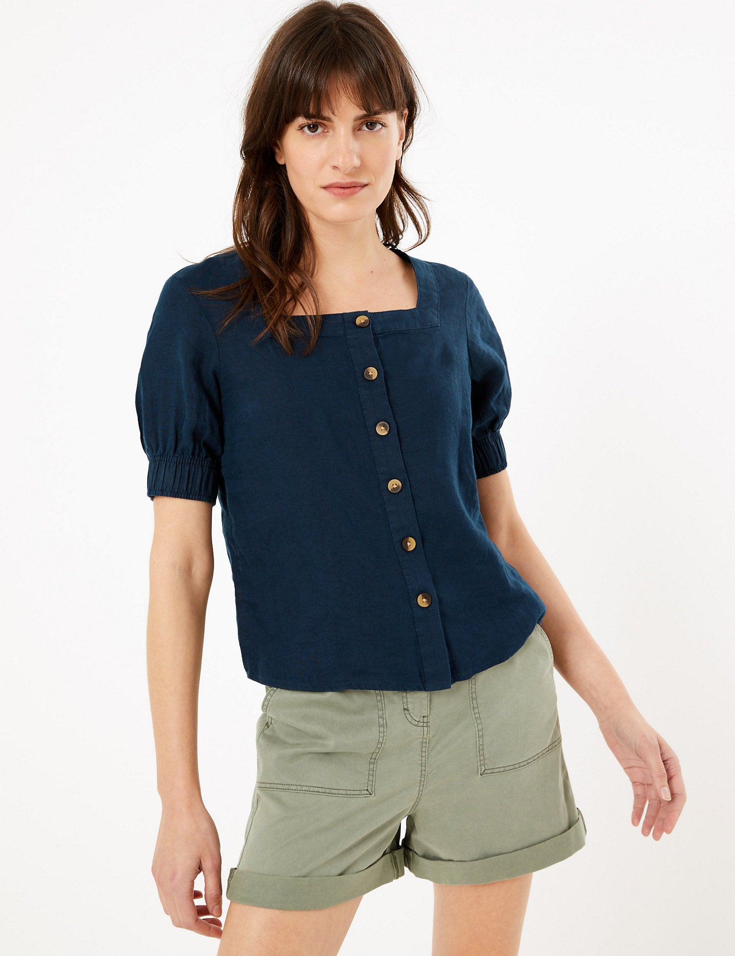 Pure Linen Square Neck Button Detail Blouse
