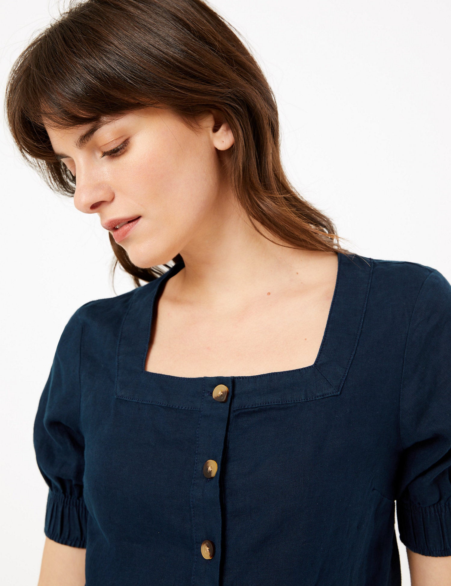 Pure Linen Square Neck Button Detail Blouse