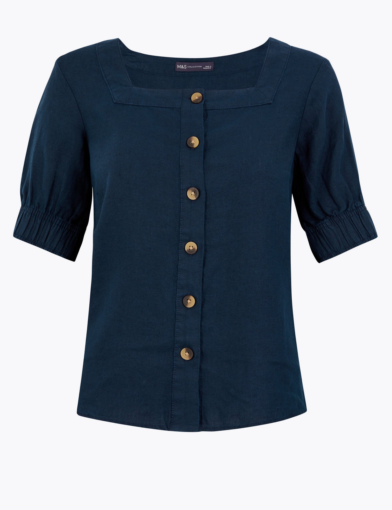 Pure Linen Square Neck Button Detail Blouse