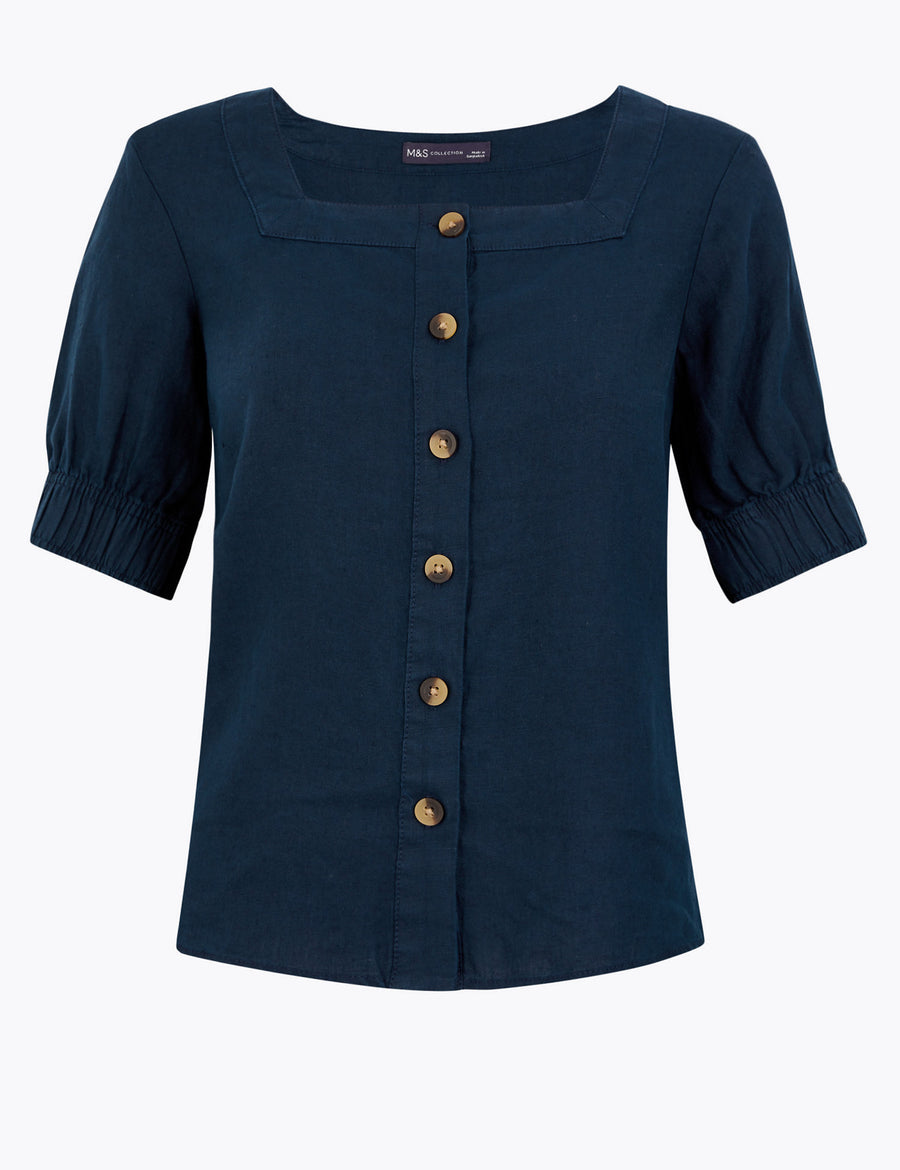 Pure Linen Square Neck Button Detail Blouse