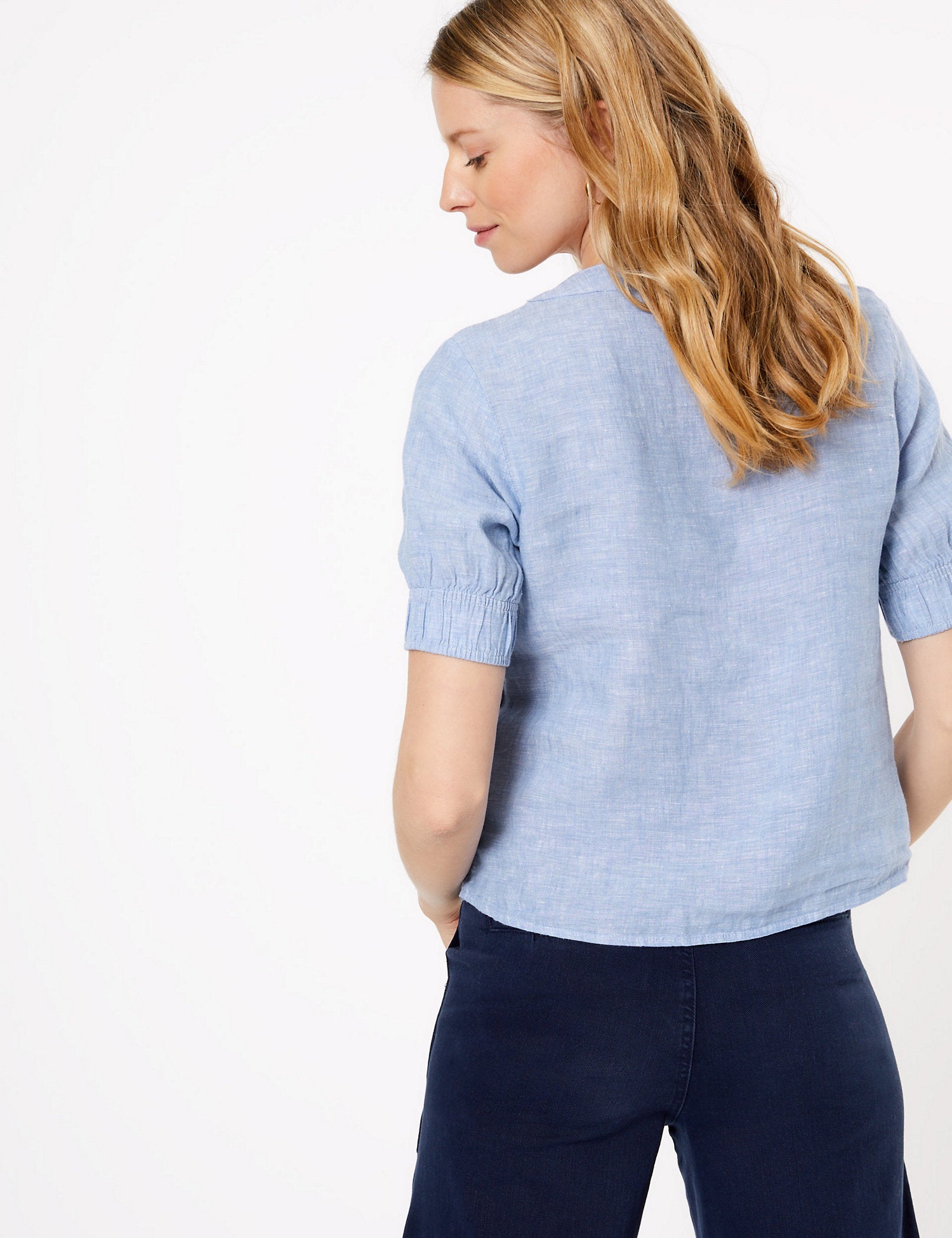 Pure Linen Square Neck Button Detail Blouse