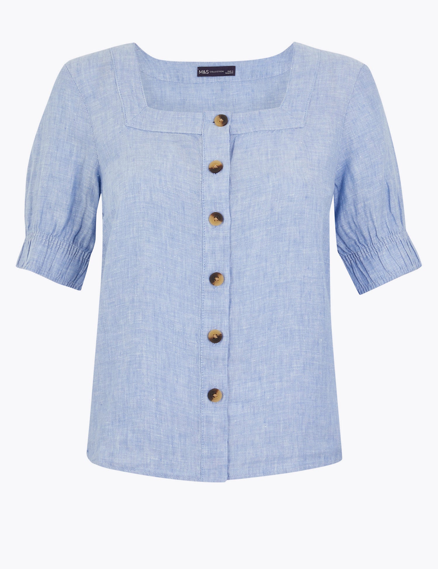 Pure Linen Square Neck Button Detail Blouse