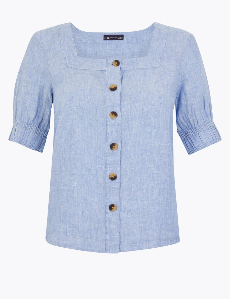 Pure Linen Square Neck Button Detail Blouse