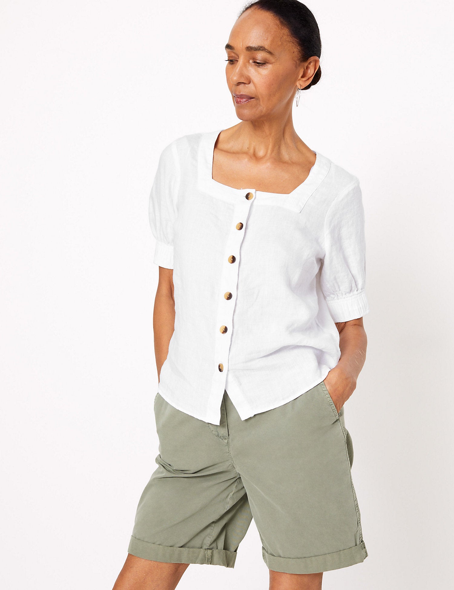 Pure Linen Square Neck Button Detail Blouse