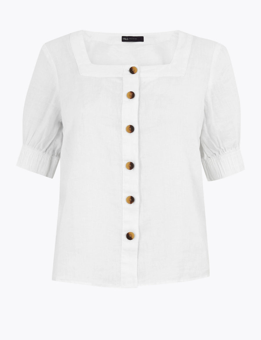 Pure Linen Square Neck Button Detail Blouse