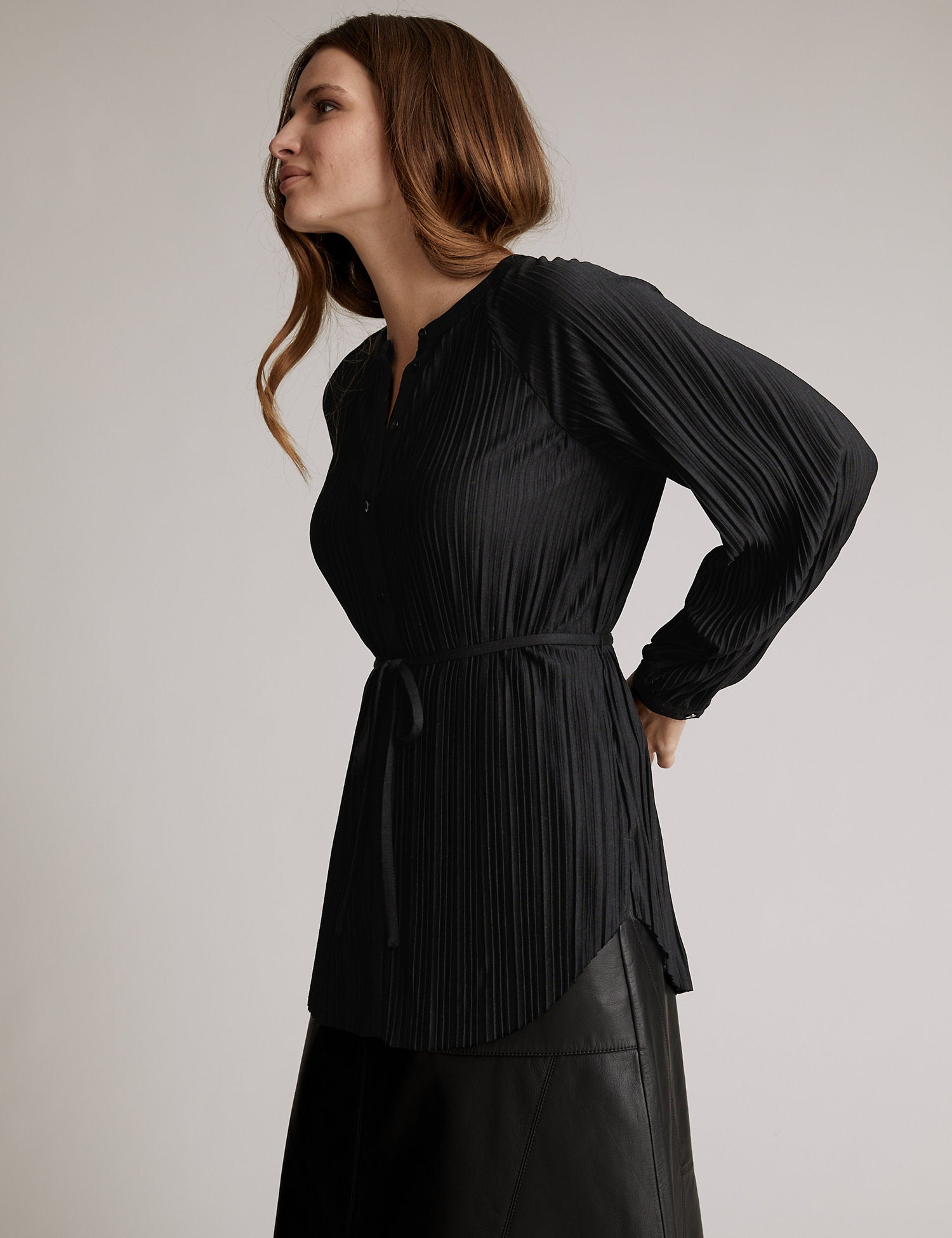 Plisse Button Through Tie Waist Blouse