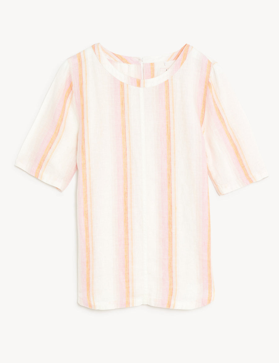 Pure Linen Striped Round Neck Top