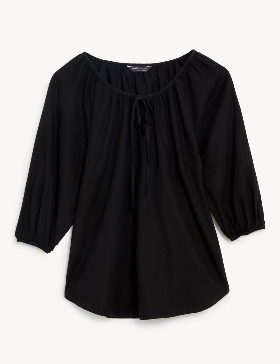 Linen Rich Tie Neck Blouse