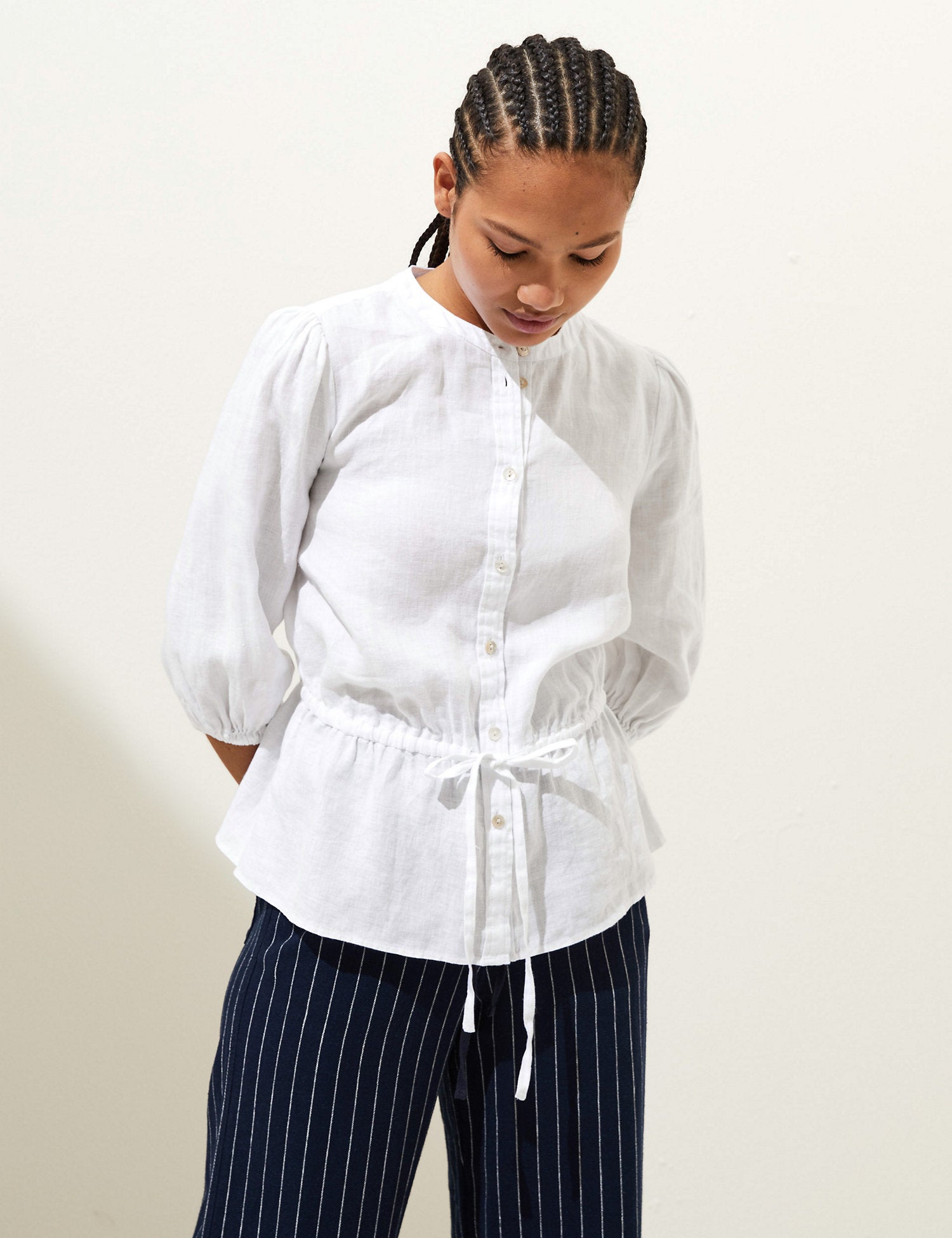 Pure Linen Round Neck Waisted Blouse