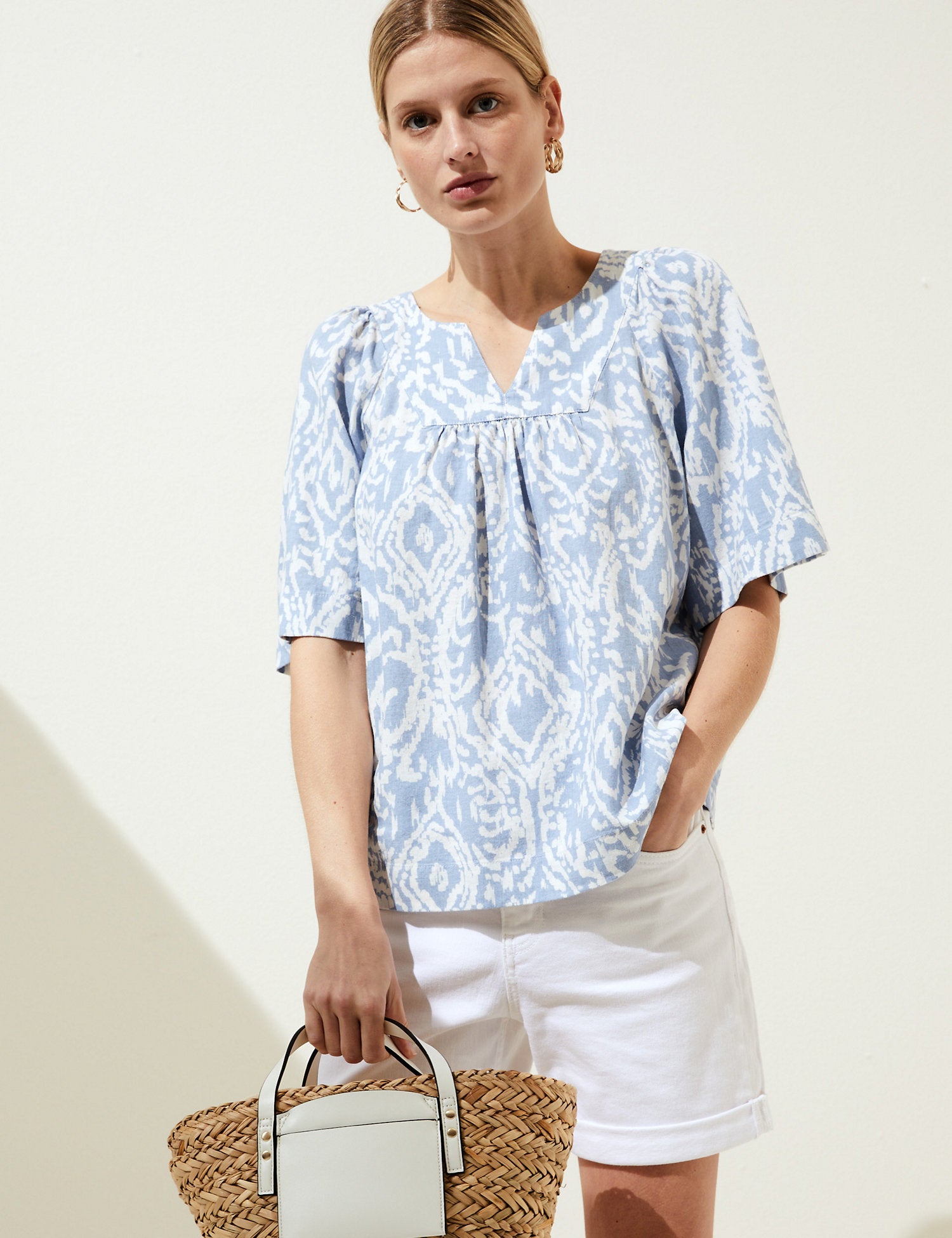 Linen Rich Printed V-Neck Relaxed Blouse