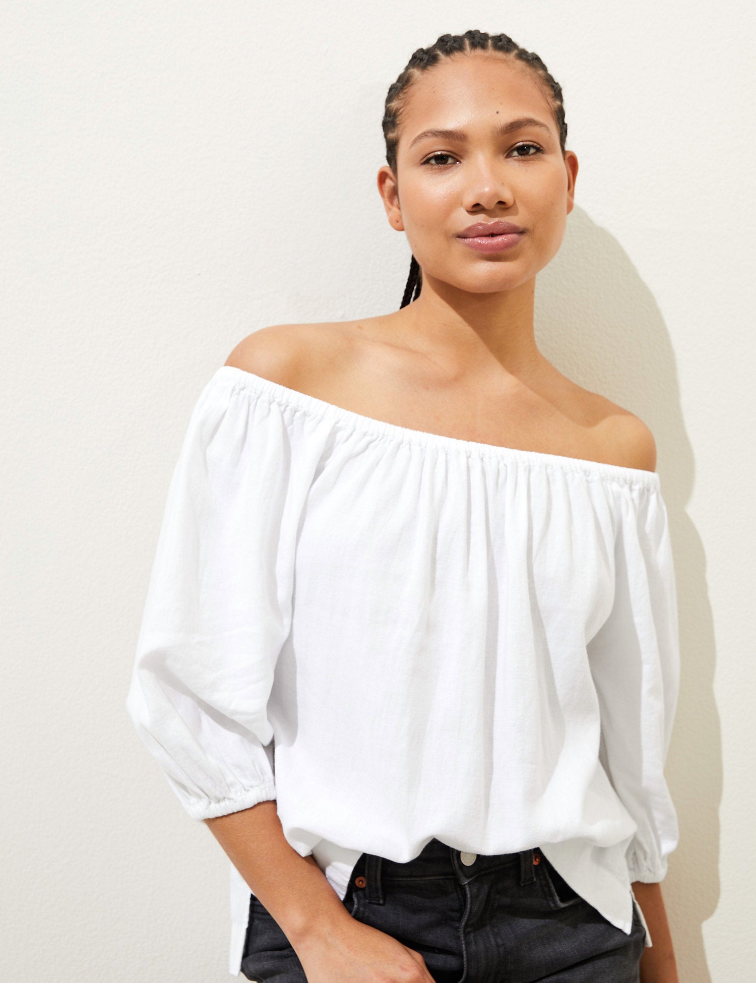 Linen Rich Bardot Puff Sleeve Blouse