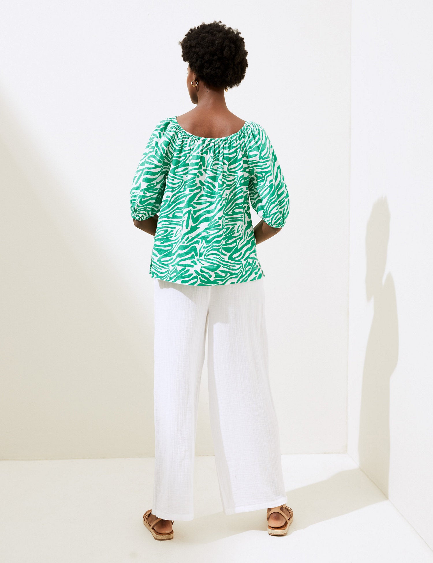 Pure Linen Printed Puff Sleeve Top