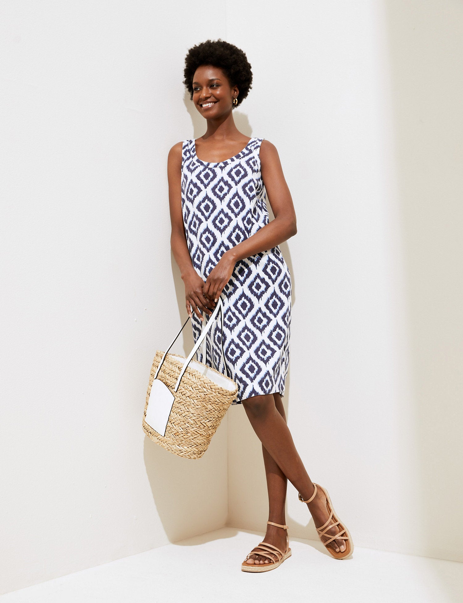 Linen Blend Printed Scoop Neck Shift Dress
